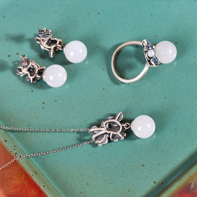 Buddha Stones White Jade 925 Sterling Silver Pearl Flower Blessing Necklace Pendant Ring Earrings - image 25