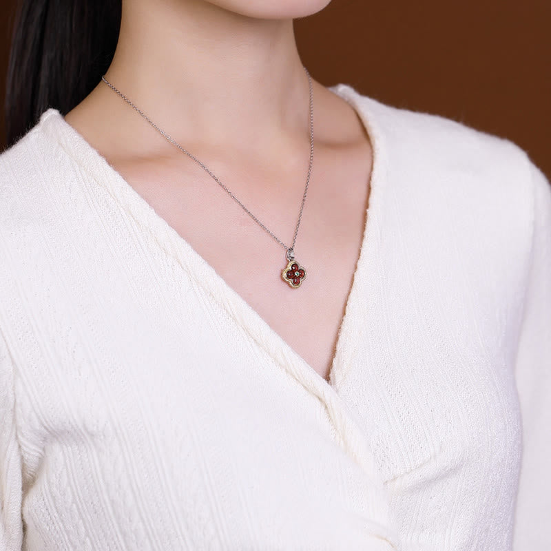 Buddha Stones 925 Sterling Silver Natural Garnet Four-leaf Clover Protection Necklace Pendant Ring - image 3
