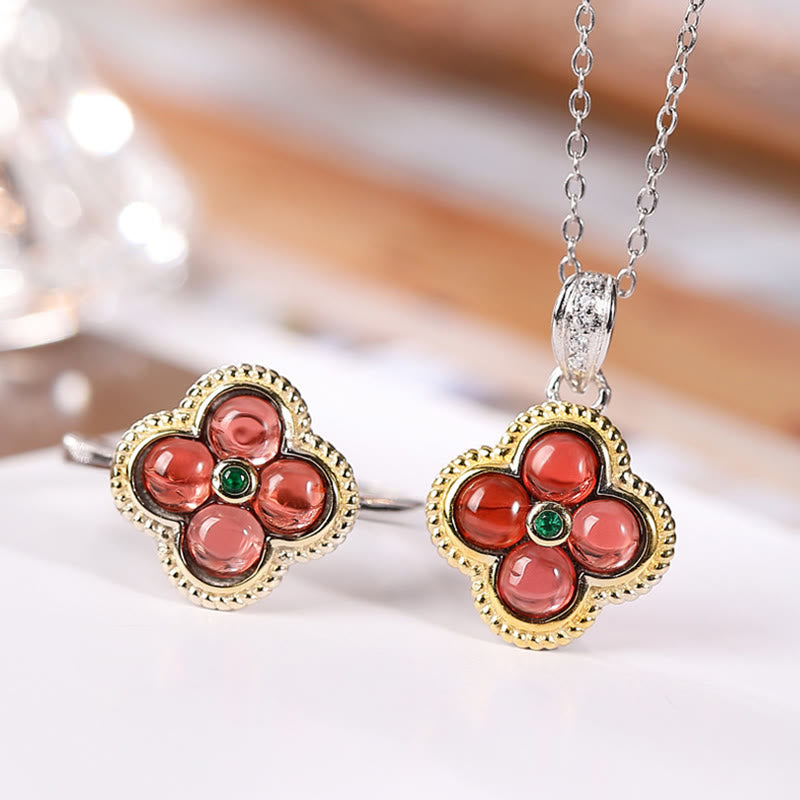 Buddha Stones 925 Sterling Silver Natural Garnet Four-leaf Clover Protection Necklace Pendant Ring - 2Pcs(Necklace&Ring) - image 0