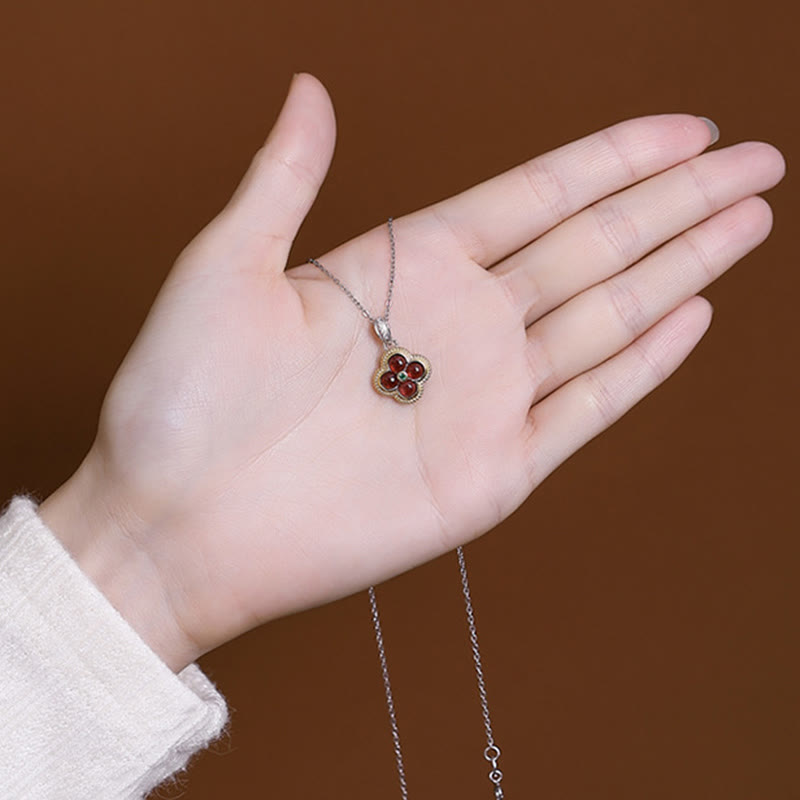 Buddha Stones 925 Sterling Silver Natural Garnet Four-leaf Clover Protection Necklace Pendant Ring - image 4