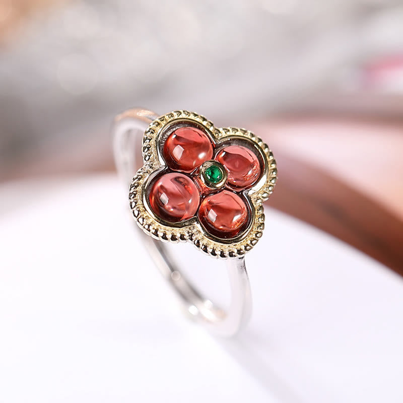 Buddha Stones 925 Sterling Silver Natural Garnet Four-leaf Clover Protection Necklace Pendant Ring - Ring - image 5
