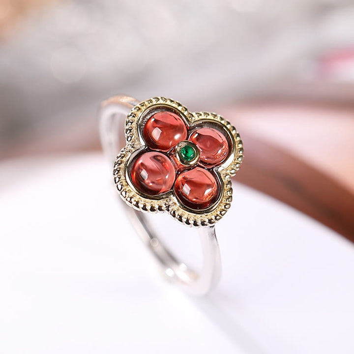 Buddha Stones 925 Sterling Silver Natural Garnet Four-leaf Clover Protection Necklace Pendant Ring - Ring - image 5