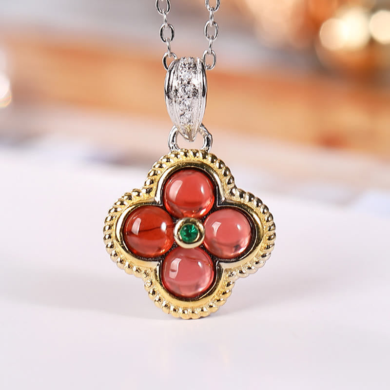 Buddha Stones 925 Sterling Silver Natural Garnet Four-leaf Clover Protection Necklace Pendant Ring - Necklace(Necklace Length: 45cm) - image 1