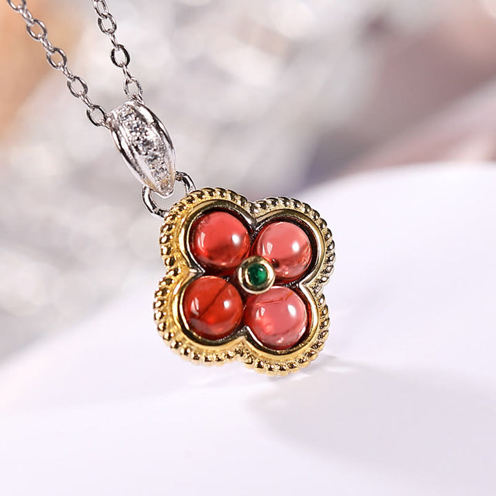 Buddha Stones 925 Sterling Silver Natural Garnet Four-leaf Clover Protection Necklace Pendant Ring - image 2