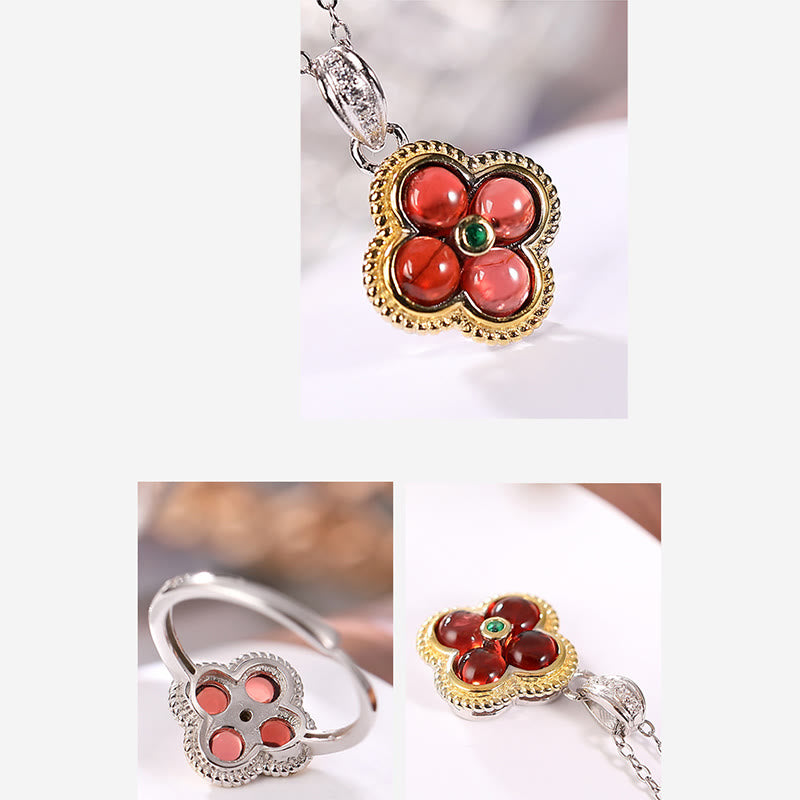 Buddha Stones 925 Sterling Silver Natural Garnet Four-leaf Clover Protection Necklace Pendant Ring - image 7