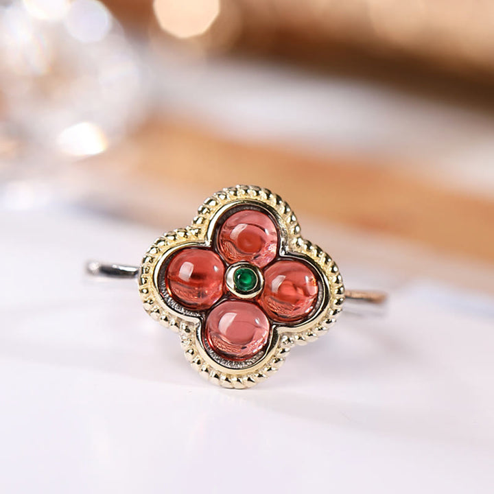 Buddha Stones 925 Sterling Silver Natural Garnet Four-leaf Clover Protection Necklace Pendant Ring - image 6