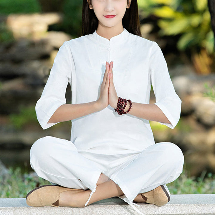 Buddha Stones 2Pcs Half Sleeve Shirt Top Pants Meditation Zen Tai Chi Cotton Linen Clothing Women's Set - White(Top&Pants) - US8-10，UK/AU12-14，EU40-42 (2XL) - image 12