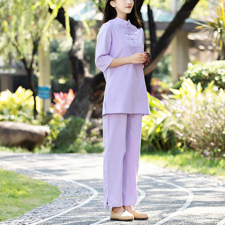 Buddha Stones 2Pcs Half Sleeve Shirt Top Pants Meditation Zen Tai Chi Cotton Linen Clothing Women's Set - Purple(Top&Pants) - US8-10，UK/AU12-14，EU40-42 (2XL) - image 9