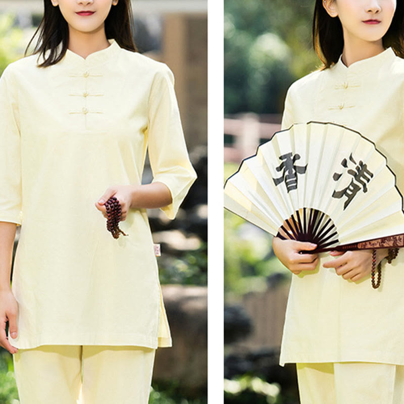 Buddha Stones 2Pcs Half Sleeve Shirt Top Pants Meditation Zen Tai Chi Cotton Linen Clothing Women's Set - image 21