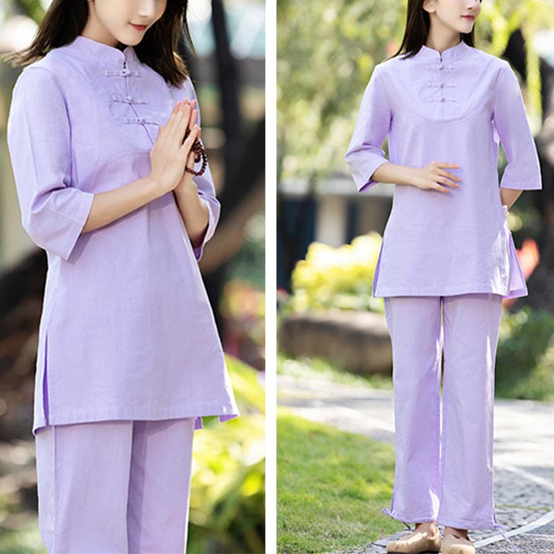 Buddha Stones 2Pcs Half Sleeve Shirt Top Pants Meditation Zen Tai Chi Cotton Linen Clothing Women's Set - image 11