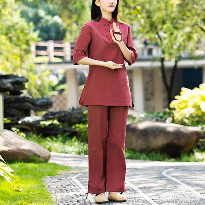 Buddha Stones 2Pcs Half Sleeve Shirt Top Pants Meditation Zen Tai Chi Cotton Linen Clothing Women's Set - image 5