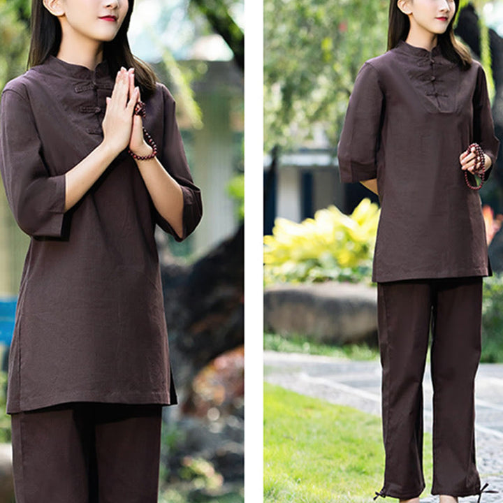 Buddha Stones 2Pcs Half Sleeve Shirt Top Pants Meditation Zen Tai Chi Cotton Linen Clothing Women's Set - image 23