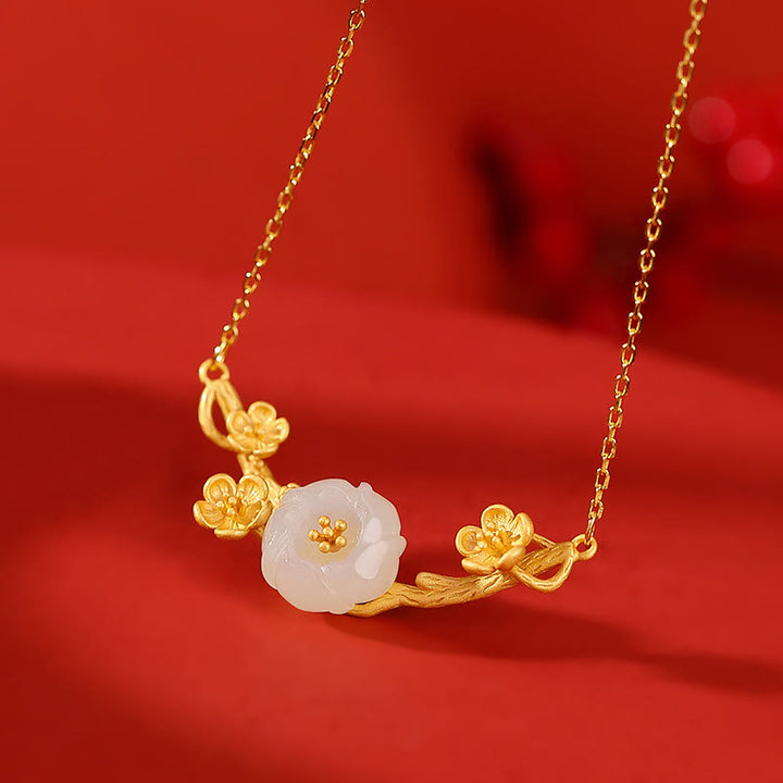 Buddha Stones 925 Sterling Silver Plated Gold Hetian Jade  Plum Blossom Luck Necklace Pendant Bracelet Bangle Ring - Necklace - image 1