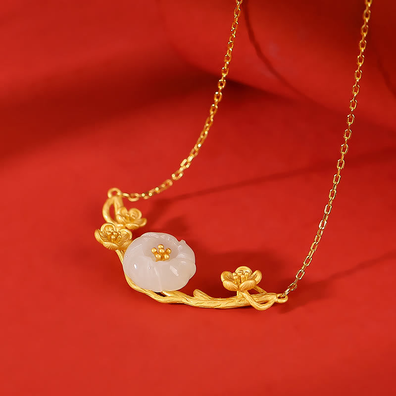 Buddha Stones 925 Sterling Silver Plated Gold Hetian Jade  Plum Blossom Luck Necklace Pendant Bracelet Bangle Ring - image 2