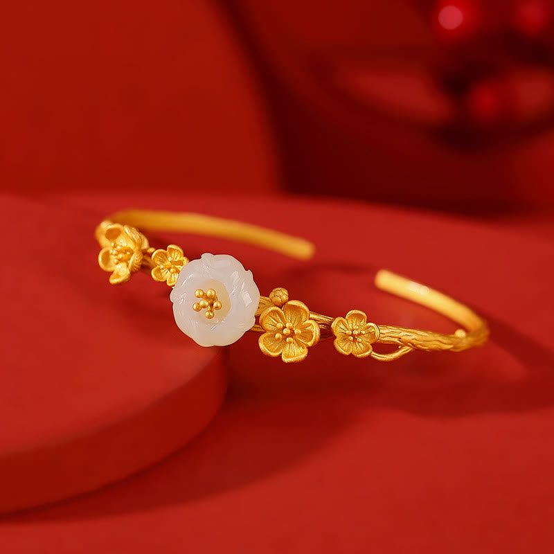 Buddha Stones 925 Sterling Silver Plated Gold Hetian Jade  Plum Blossom Luck Necklace Pendant Bracelet Bangle Ring - Bracelet(Inner Perimeter 14cm) - image 7