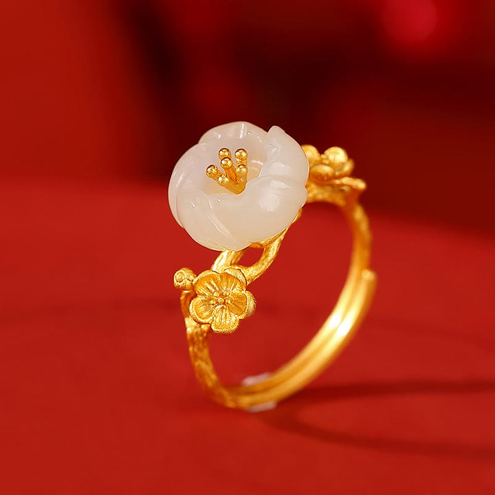 Buddha Stones 925 Sterling Silver Plated Gold Hetian Jade  Plum Blossom Luck Necklace Pendant Bracelet Bangle Ring - Ring(Inner Perimeter 54-60mm) - image 12