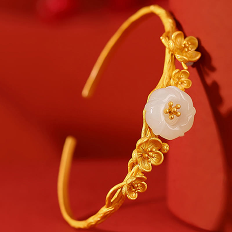 Buddha Stones 925 Sterling Silver Plated Gold Hetian Jade  Plum Blossom Luck Necklace Pendant Bracelet Bangle Ring - image 9