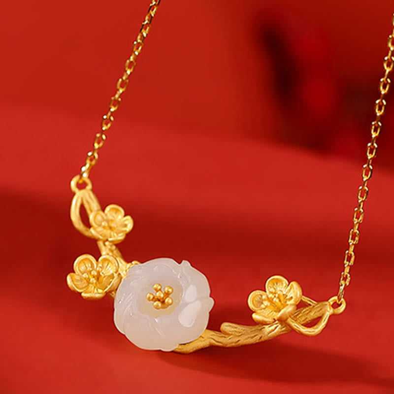 Buddha Stones 925 Sterling Silver Plated Gold Hetian Jade  Plum Blossom Luck Necklace Pendant Bracelet Bangle Ring - image 3