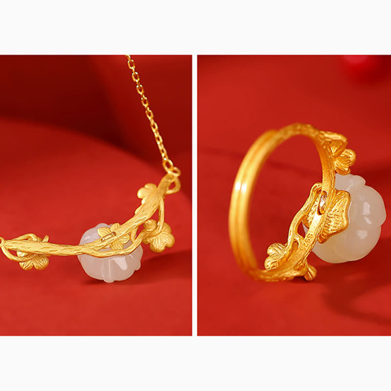 Buddha Stones 925 Sterling Silver Plated Gold Hetian Jade  Plum Blossom Luck Necklace Pendant Bracelet Bangle Ring - image 16