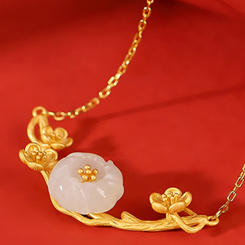 Buddha Stones 925 Sterling Silver Plated Gold Hetian Jade  Plum Blossom Luck Necklace Pendant Bracelet Bangle Ring - image 4