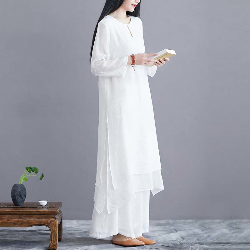 Buddha Stones 2Pcs Solid Color Midi Dress Wide Leg Pants Meditation Spiritual Zen Practice Yoga Dance Clothing - image 1