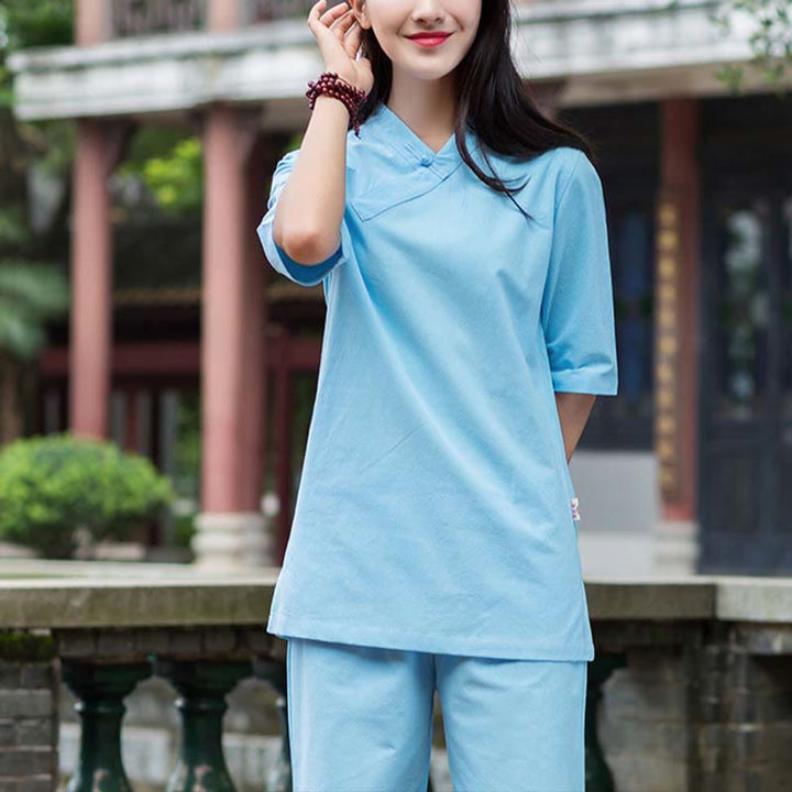 Buddha Stones 2Pcs Half Sleeve V-Neck Shirt Top Pants Meditation Zen Tai Chi Linen Clothing Women's Set - Blue(Top&Pants) - US8-10，UK/AU12-14，EU40-42 (2XL) - image 9