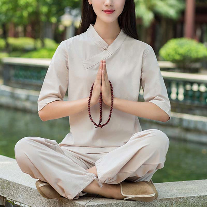 Buddha Stones 2Pcs Half Sleeve V-Neck Shirt Top Pants Meditation Zen Tai Chi Linen Clothing Women's Set - Khaki(Top&Pants) - US8-10，UK/AU12-14，EU40-42 (2XL) - image 0