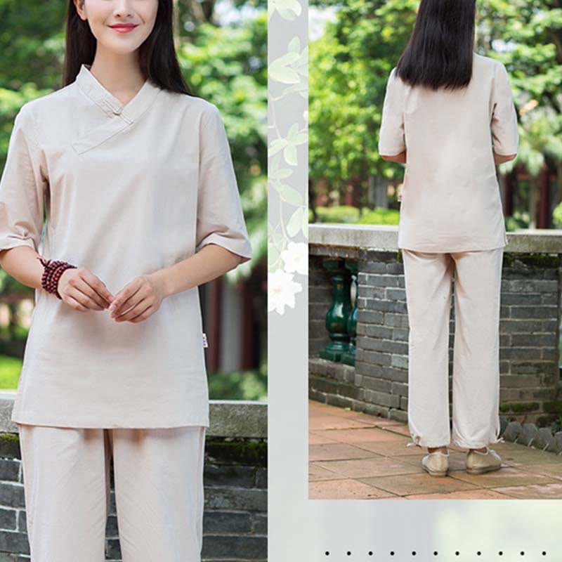 Buddha Stones 2Pcs Half Sleeve V-Neck Shirt Top Pants Meditation Zen Tai Chi Linen Clothing Women's Set - image 2