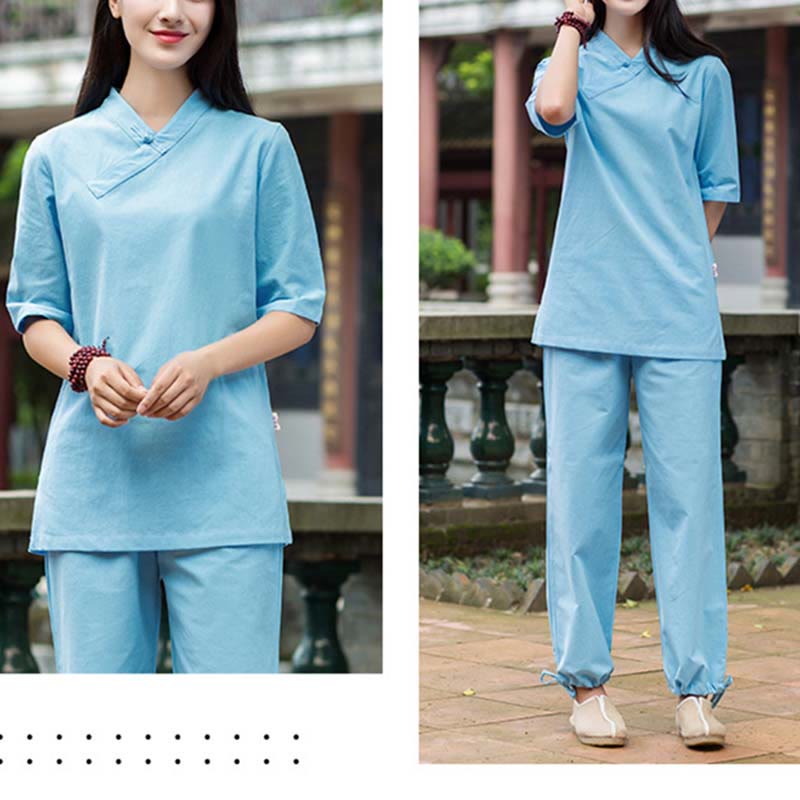 Buddha Stones 2Pcs Half Sleeve V-Neck Shirt Top Pants Meditation Zen Tai Chi Linen Clothing Women's Set - image 11