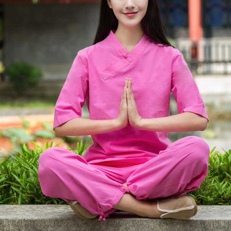 Buddha Stones 2Pcs Half Sleeve V-Neck Shirt Top Pants Meditation Zen Tai Chi Linen Clothing Women's Set - image 15