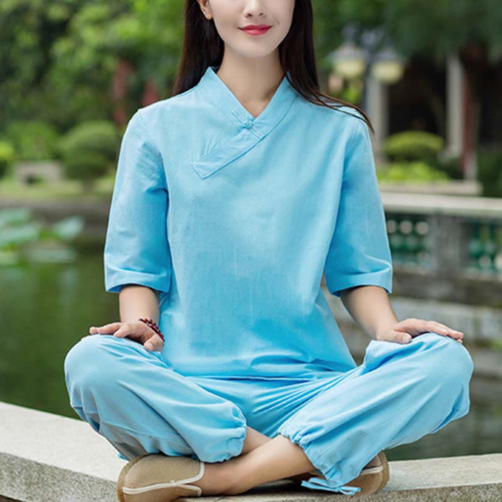 Buddha Stones 2Pcs Half Sleeve V-Neck Shirt Top Pants Meditation Zen Tai Chi Linen Clothing Women's Set - image 10