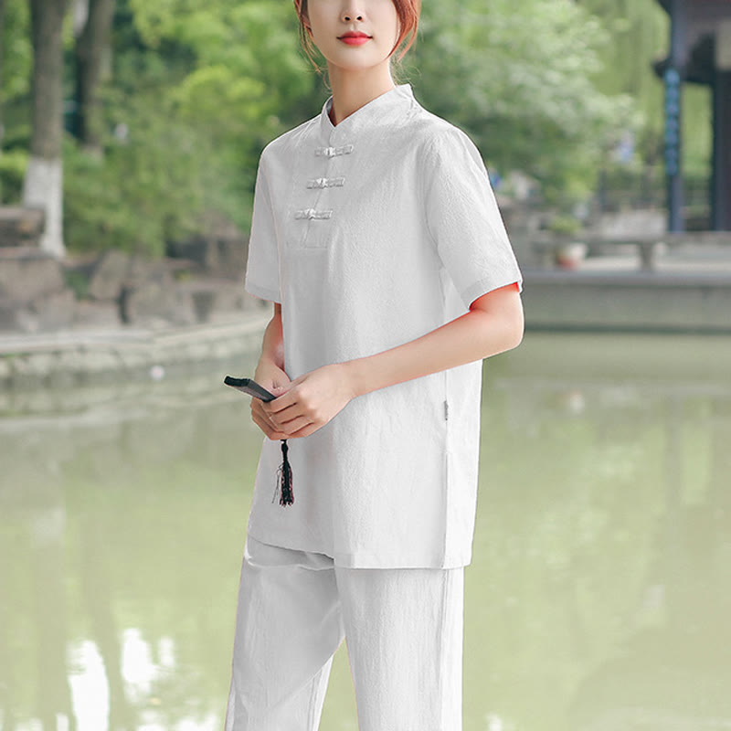 Buddha Stones 2Pcs Women's Short Sleeve Shirt Top T-Shirt Pants Meditation Zen Tai Chi Cotton Linen Clothing Set - White(Top&Pants) - US18，UK/AU22，EU50 (6XL) - image 15