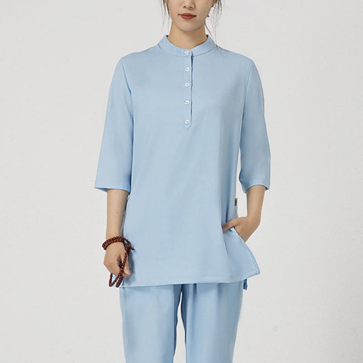 Buddha Stones 2Pcs Solid Color Three Quarter Shirt Top Pants Meditation Zen Tai Chi Cotton Linen Clothing Women's Set - Blue(Top&Pants) - US12，UK/AU16，EU44 (2XL) - image 17