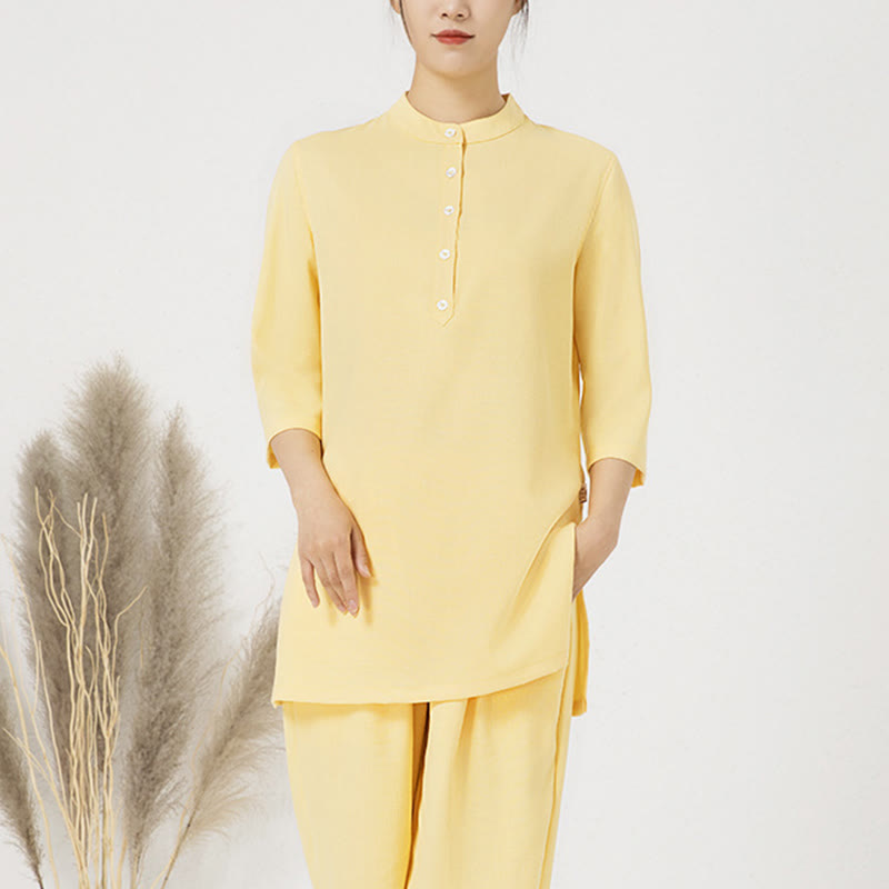 Buddha Stones 2Pcs Solid Color Three Quarter Shirt Top Pants Meditation Zen Tai Chi Cotton Linen Clothing Women's Set - Yellow(Top&Pants) - US12，UK/AU16，EU44 (2XL) - image 12