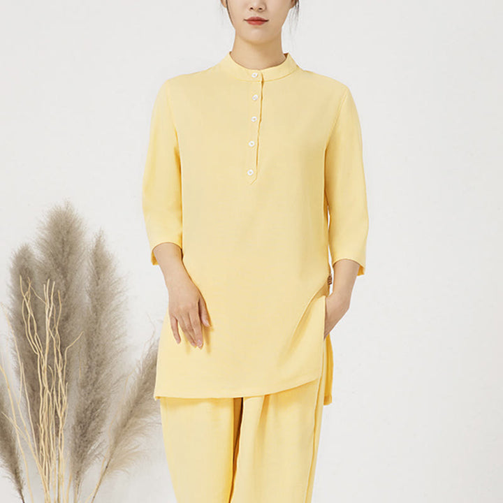 Buddha Stones 2Pcs Solid Color Three Quarter Shirt Top Pants Meditation Zen Tai Chi Cotton Linen Clothing Women's Set - Yellow(Top&Pants) - US12，UK/AU16，EU44 (2XL) - image 12