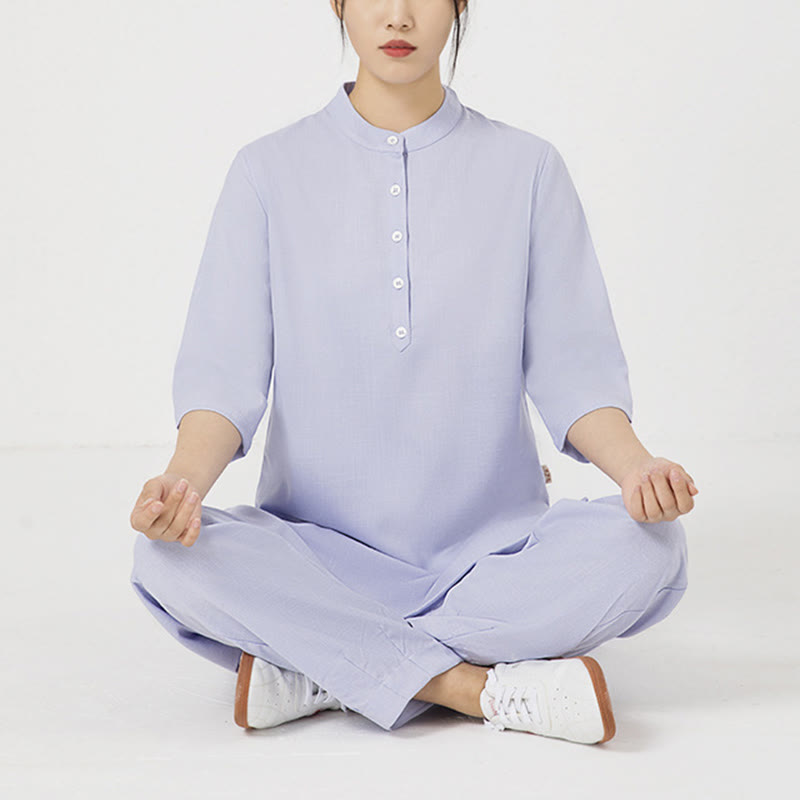 Buddha Stones 2Pcs Solid Color Three Quarter Shirt Top Pants Meditation Zen Tai Chi Cotton Linen Clothing Women's Set - Purple(Top&Pants) - US12，UK/AU16，EU44 (2XL) - image 0