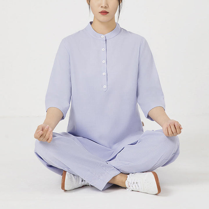 Buddha Stones 2Pcs Solid Color Three Quarter Shirt Top Pants Meditation Zen Tai Chi Cotton Linen Clothing Women's Set - Purple(Top&Pants) - US12，UK/AU16，EU44 (2XL) - image 0