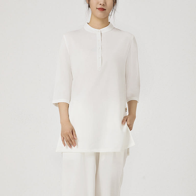 Buddha Stones 2Pcs Solid Color Three Quarter Shirt Top Pants Meditation Zen Tai Chi Cotton Linen Clothing Women's Set - White(Top&Pants) - US12，UK/AU16，EU44 (2XL) - image 6