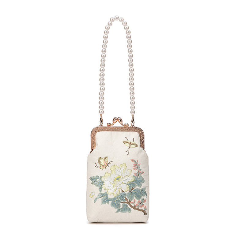 Buddha Stones Small Flowers Butterfly Embroidered Pearl Metal Chain Shoulder Bag Crossbody Handbag Cellphone Bag - image 11