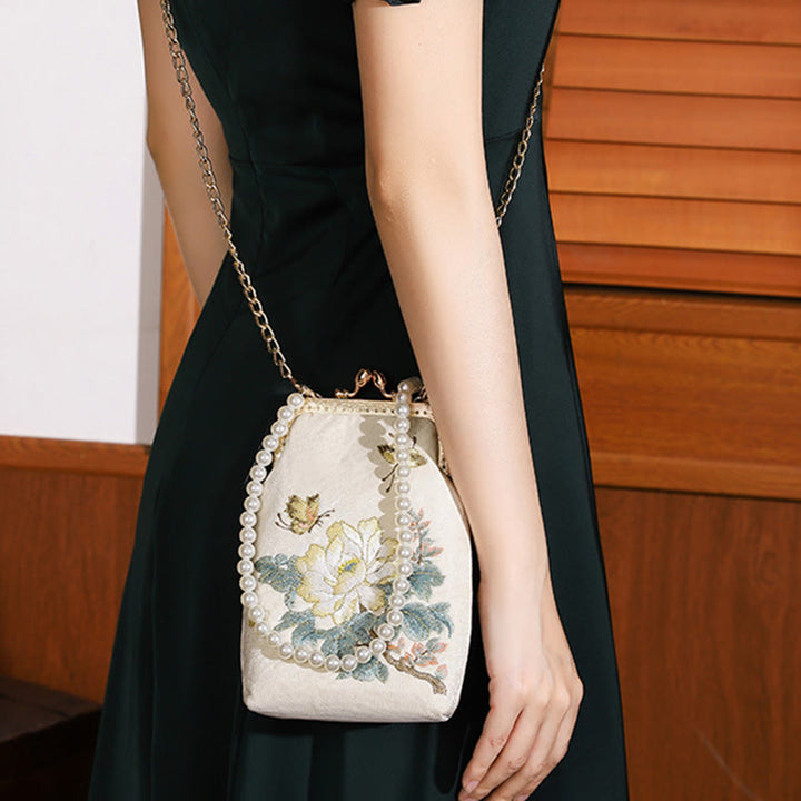 Buddha Stones Small Flowers Butterfly Embroidered Pearl Metal Chain Shoulder Bag Crossbody Handbag Cellphone Bag - image 3