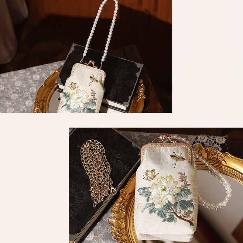 Buddha Stones Small Flowers Butterfly Embroidered Pearl Metal Chain Shoulder Bag Crossbody Handbag Cellphone Bag - image 8