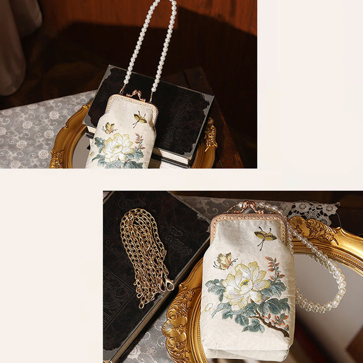 Buddha Stones Small Flowers Butterfly Embroidered Pearl Metal Chain Shoulder Bag Crossbody Handbag Cellphone Bag - image 8