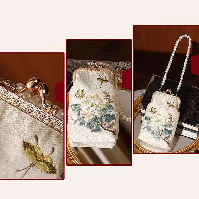 Buddha Stones Small Flowers Butterfly Embroidered Pearl Metal Chain Shoulder Bag Crossbody Handbag Cellphone Bag - image 9