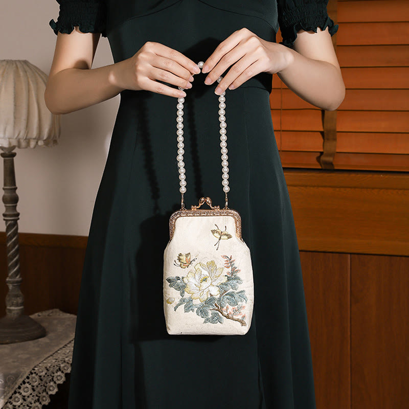 Buddha Stones Small Flowers Butterfly Embroidered Pearl Metal Chain Shoulder Bag Crossbody Handbag Cellphone Bag - image 2