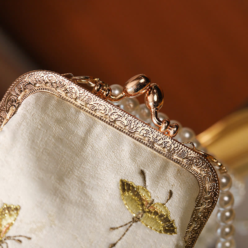 Buddha Stones Small Flowers Butterfly Embroidered Pearl Metal Chain Shoulder Bag Crossbody Handbag Cellphone Bag - image 5