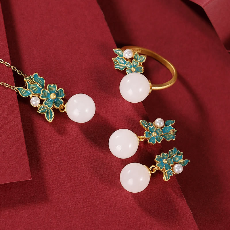 Buddha Stones White Jade 925 Sterling Silver Pearl Flower Blessing Necklace Pendant Ring Earrings - image 1