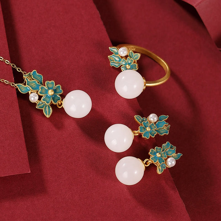 Buddha Stones White Jade 925 Sterling Silver Pearl Flower Blessing Necklace Pendant Ring Earrings - image 1