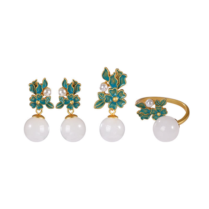 Buddha Stones White Jade 925 Sterling Silver Pearl Flower Blessing Necklace Pendant Ring Earrings - image 17