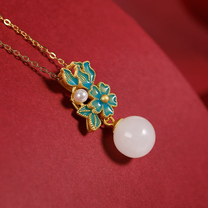Buddha Stones White Jade 925 Sterling Silver Pearl Flower Blessing Necklace Pendant Ring Earrings - image 7