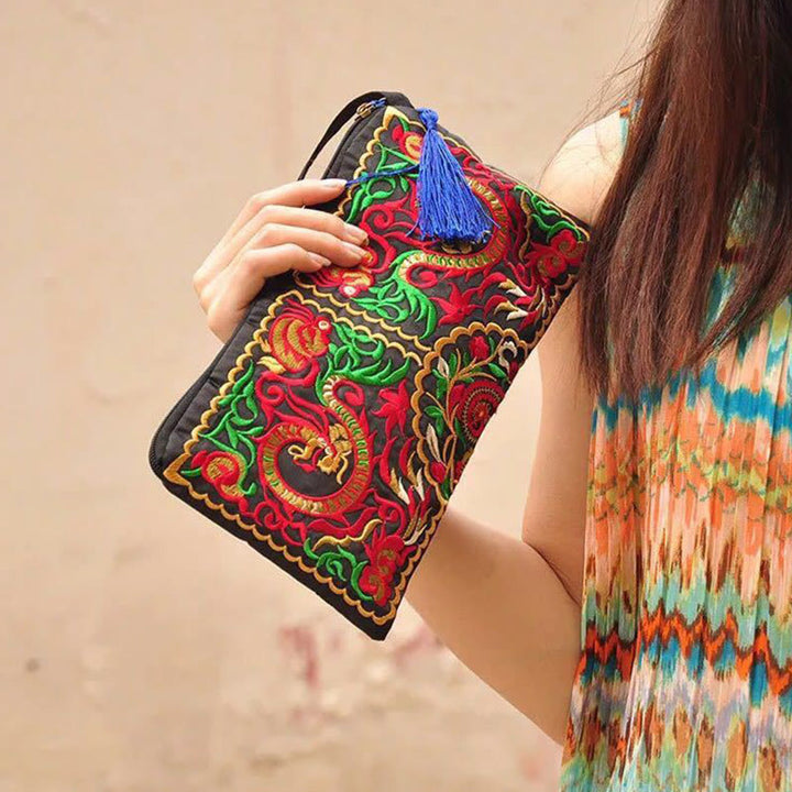 Buddha Stones Dragon Butterfly Cosmos Flower Embroidery Wallet Shopping Purse - Dragon 14*25cm - image 0